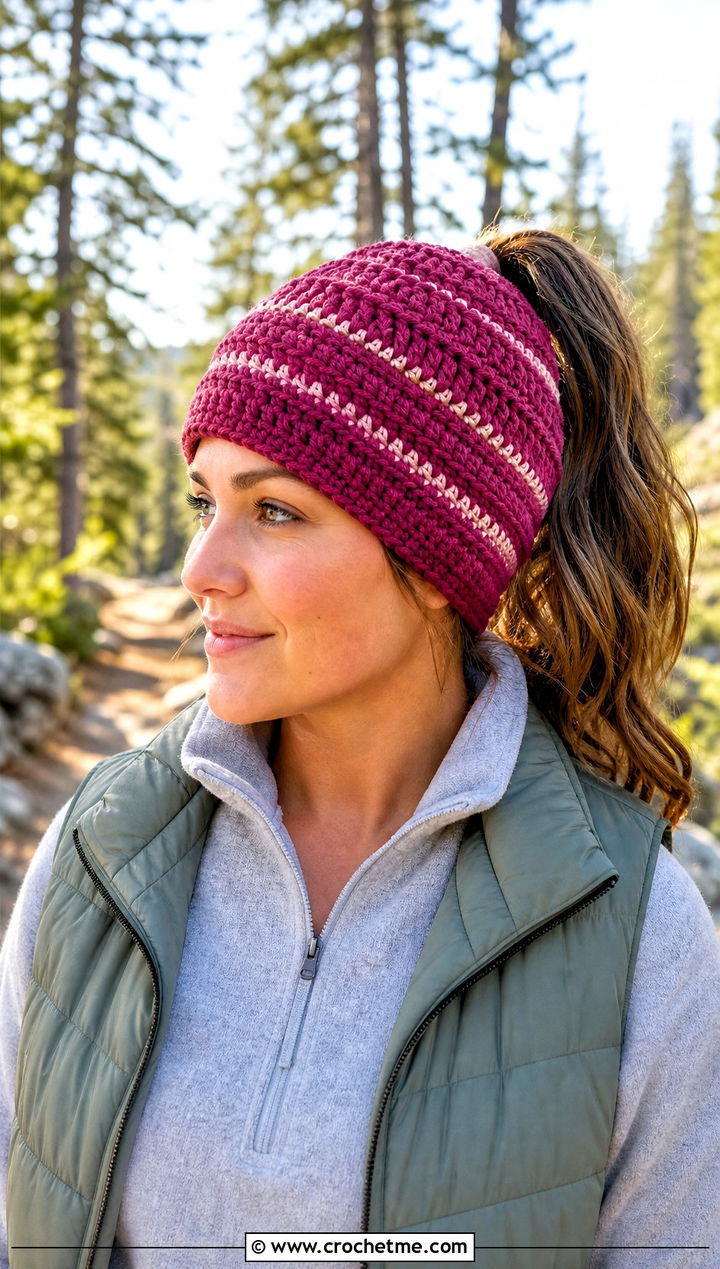 Striped Crochet Ponytail Beanie With Quilted Vest And Hiking Pants - 20 Crochet Beanie With Ponytail Hole Hat outfit ideas