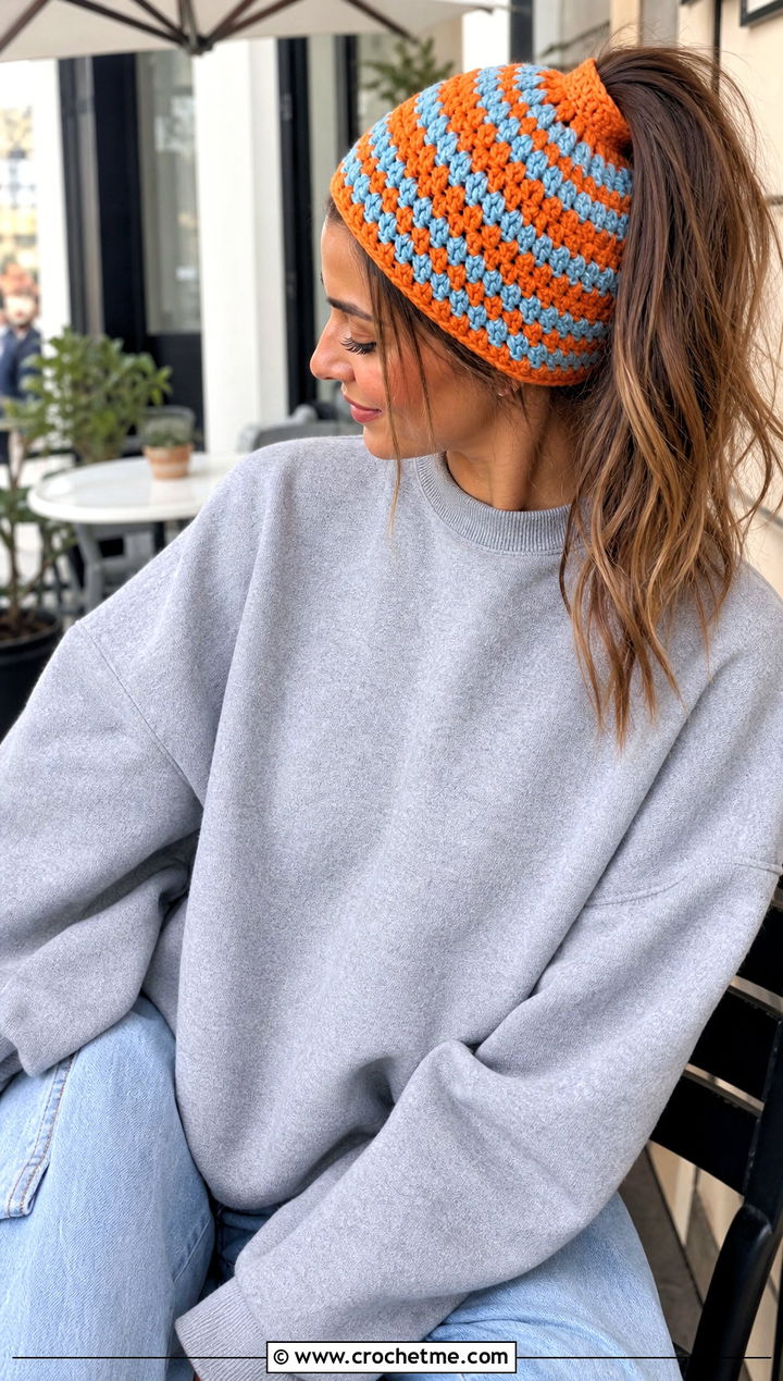 Striped Crochet Ponytail Beanie With Sweatshirt And Relaxed Jeans - 30 crochet beanie with ponytail hole outfit ideas