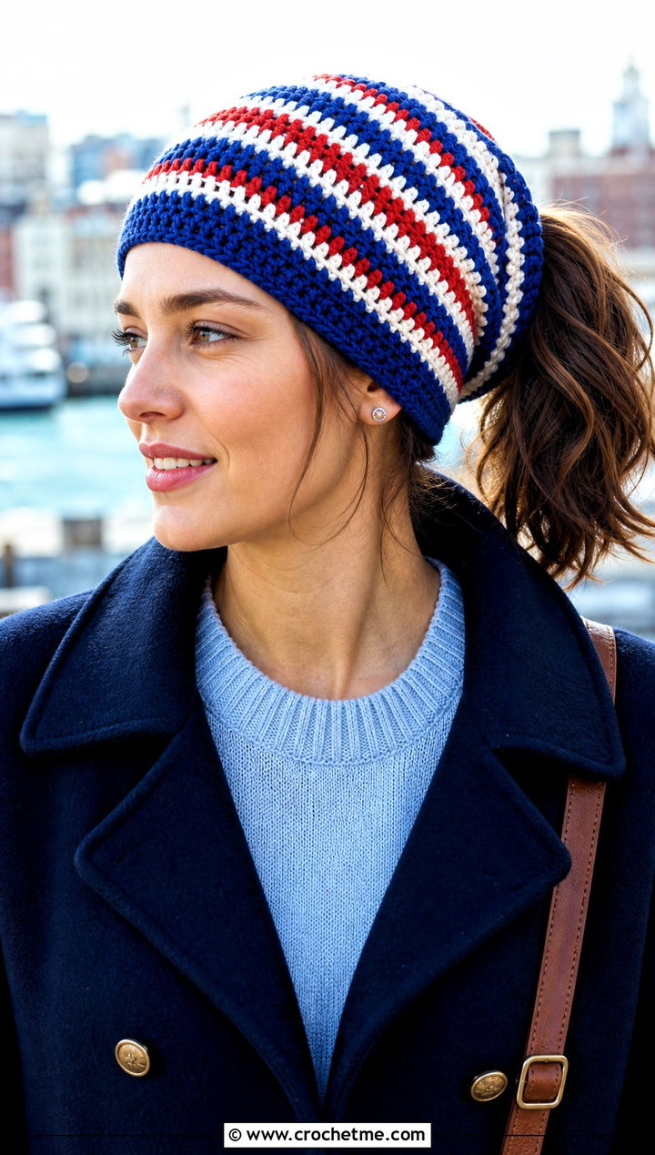 Striped Crochet Ponytail Hat With Peacoat - 20 easy crochet ponytail hat outfit ideas