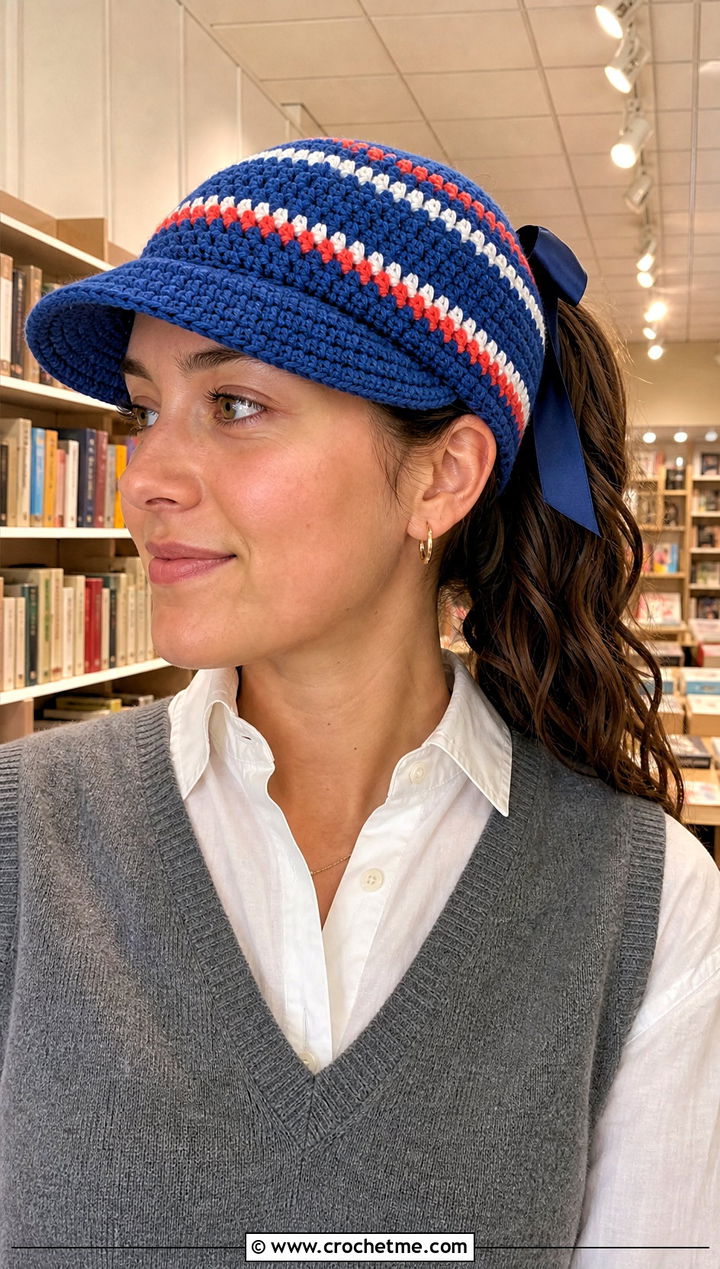 Striped Crochet Ponytail Hat With Sweater Vest - 30 crochet hat with ponytail hole outfit ideas