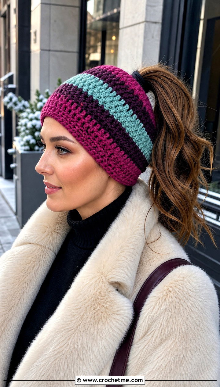 Striped Crochet Ponytail Headband With Faux Fur Coat - 25 crochet headband with ponytail hole outfit ideas