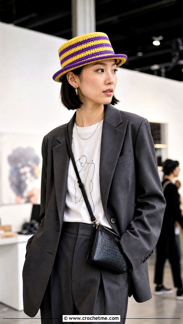 Striped Crochet Pork Pie Hat With Graphic Tee And Suit - 25 striped crochet hat outfit ideas