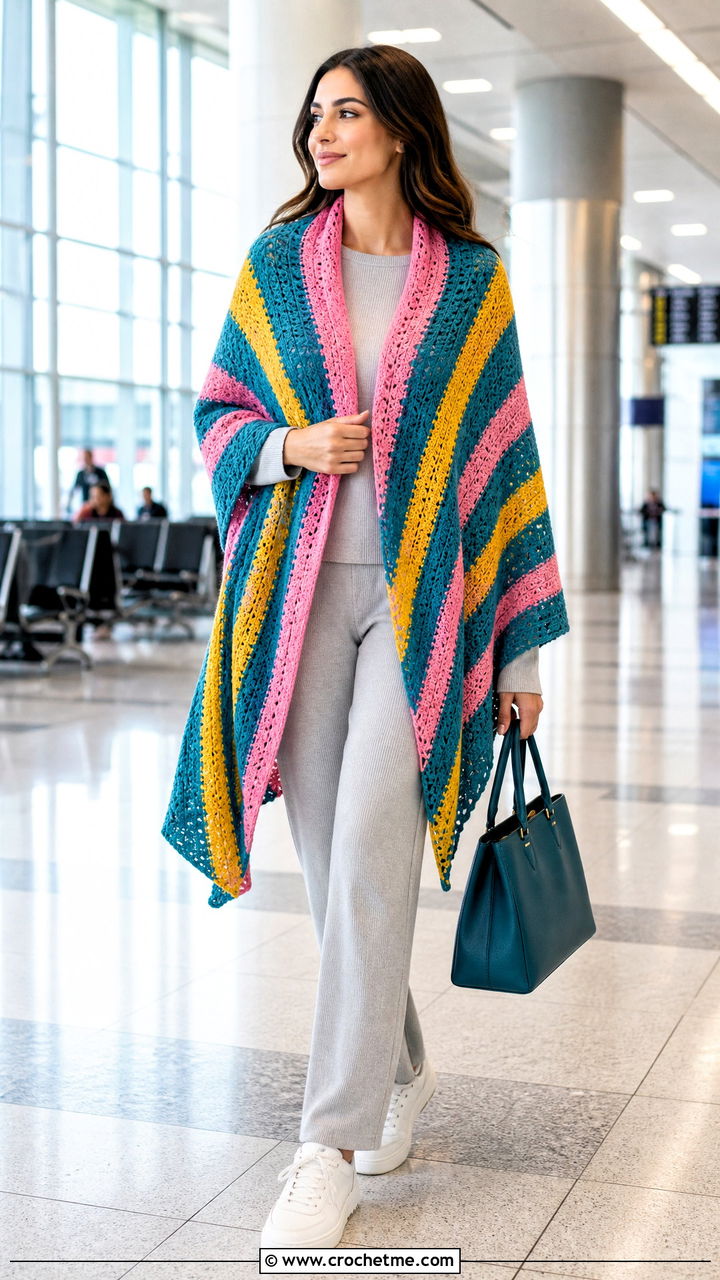 Striped Crochet Prayer Shawl With Matching Knit Set And Sneakers - 35 easy crochet prayer shawls outfit ideas