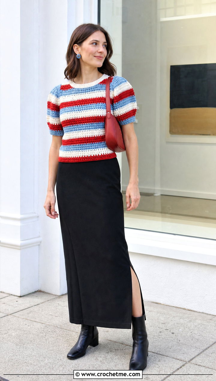 Striped Crochet Puff Sleeve Top With Black Maxi Skirt - 35 crochet puff sleeve top outfit ideas