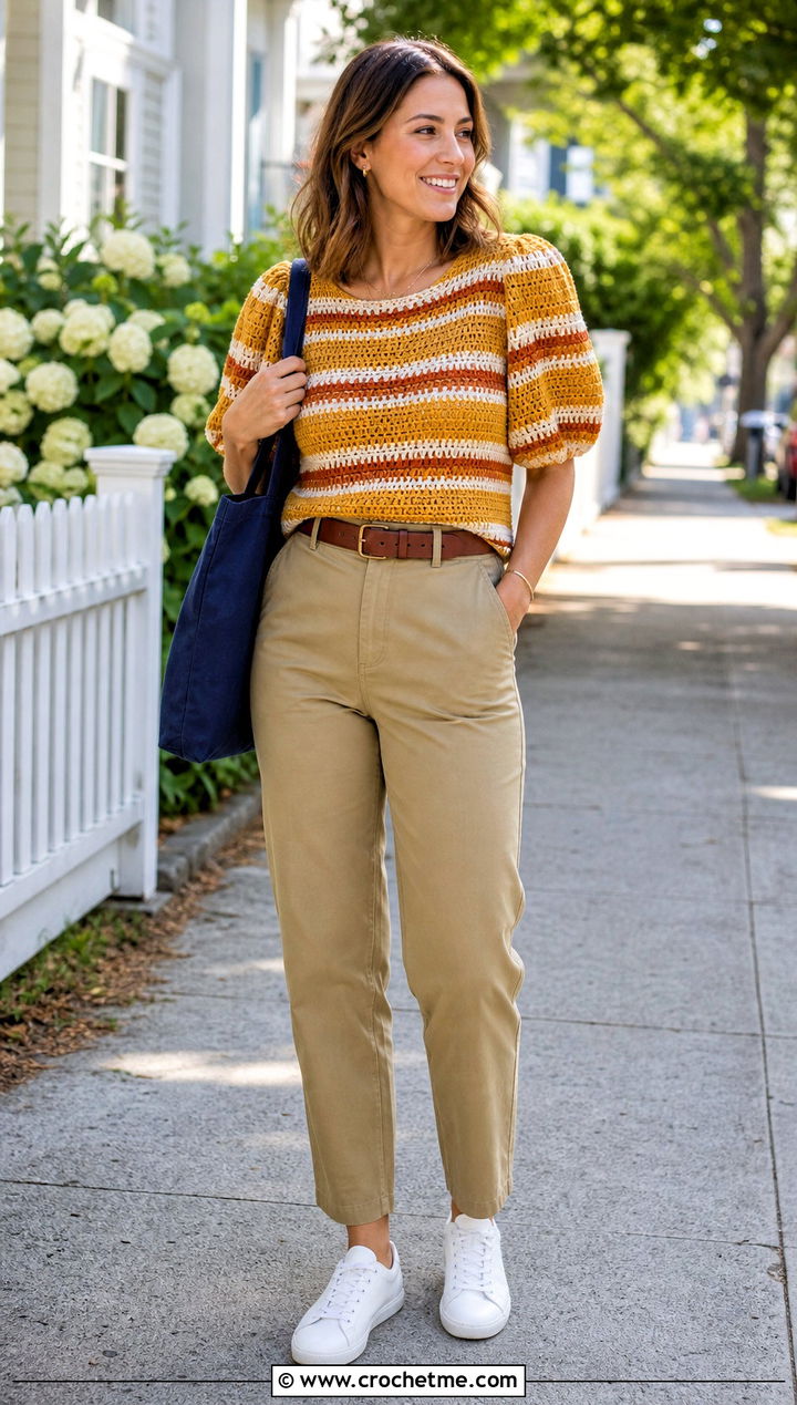 Striped Crochet Puff Top With Khaki Chinos - 35 crochet puff top outfit ideas