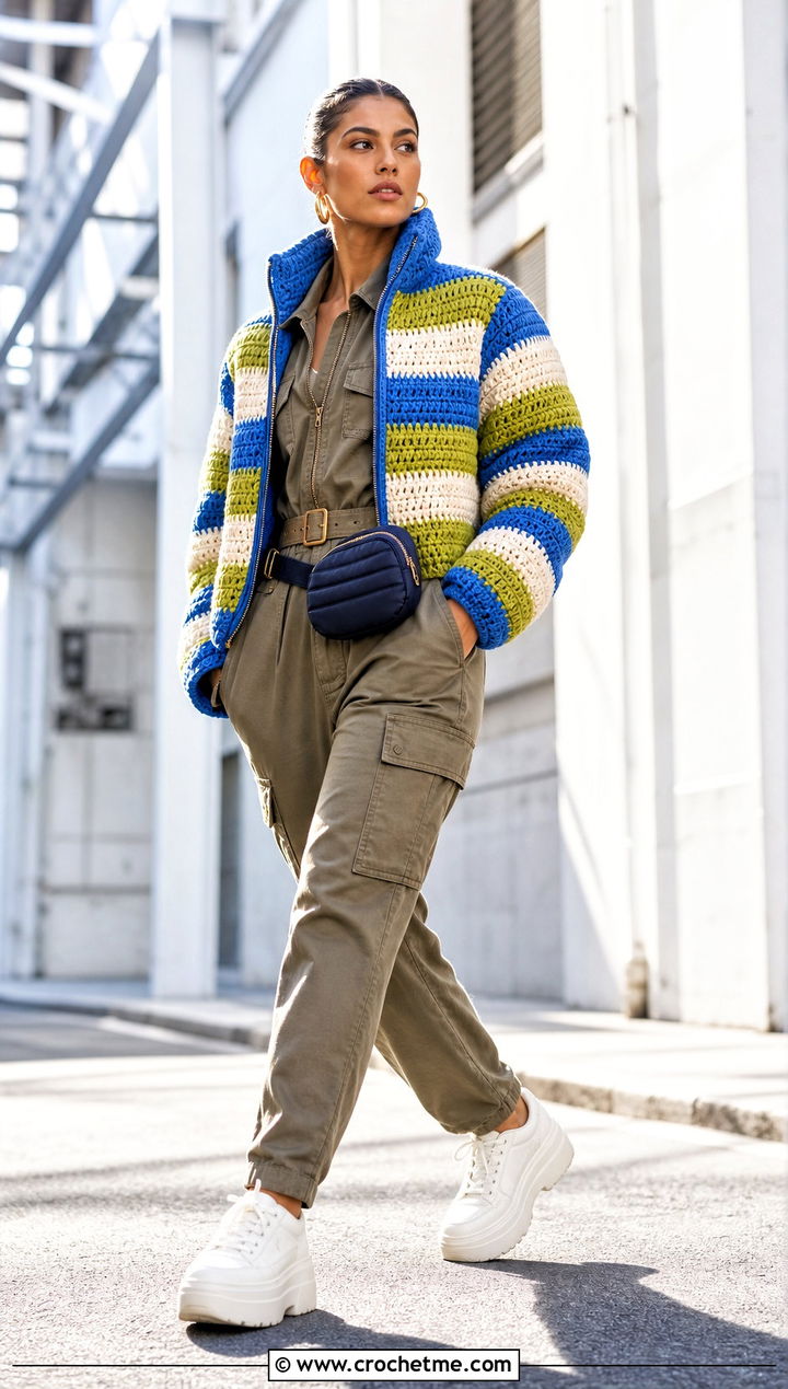 Striped Crochet Puffer Jacket With Utility Jumpsuit - 35 crochet puffer jacket outfit ideas