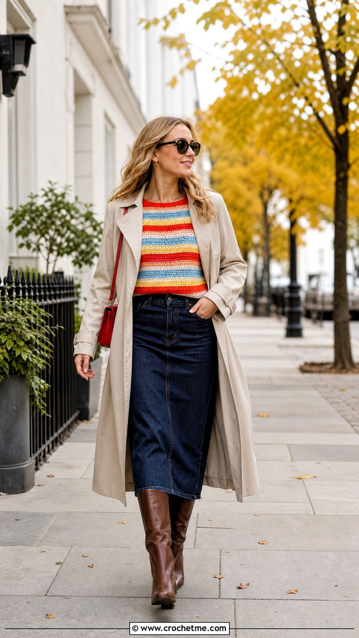 Striped Crochet Pullover Top With Denim Skirt - 35 crochet fall top outfit ideas