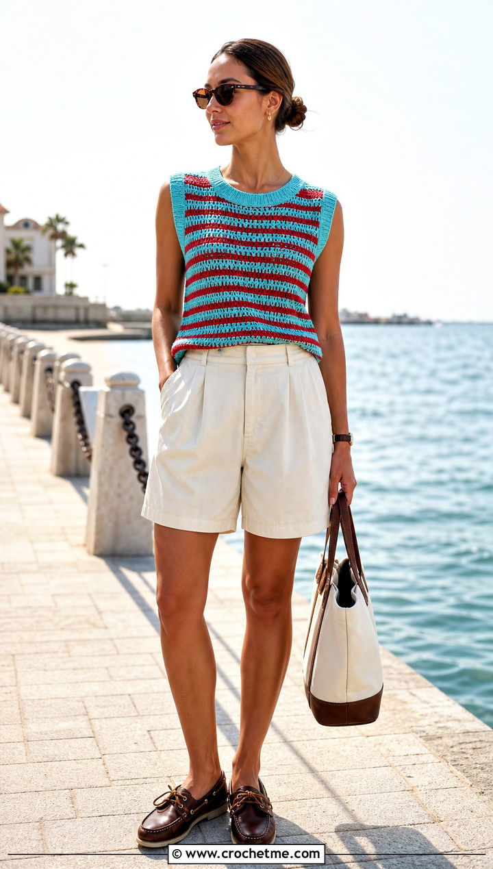 Striped Crochet Pullover Vest With Bermuda Shorts - 15 crochet pullover vest outfit ideas