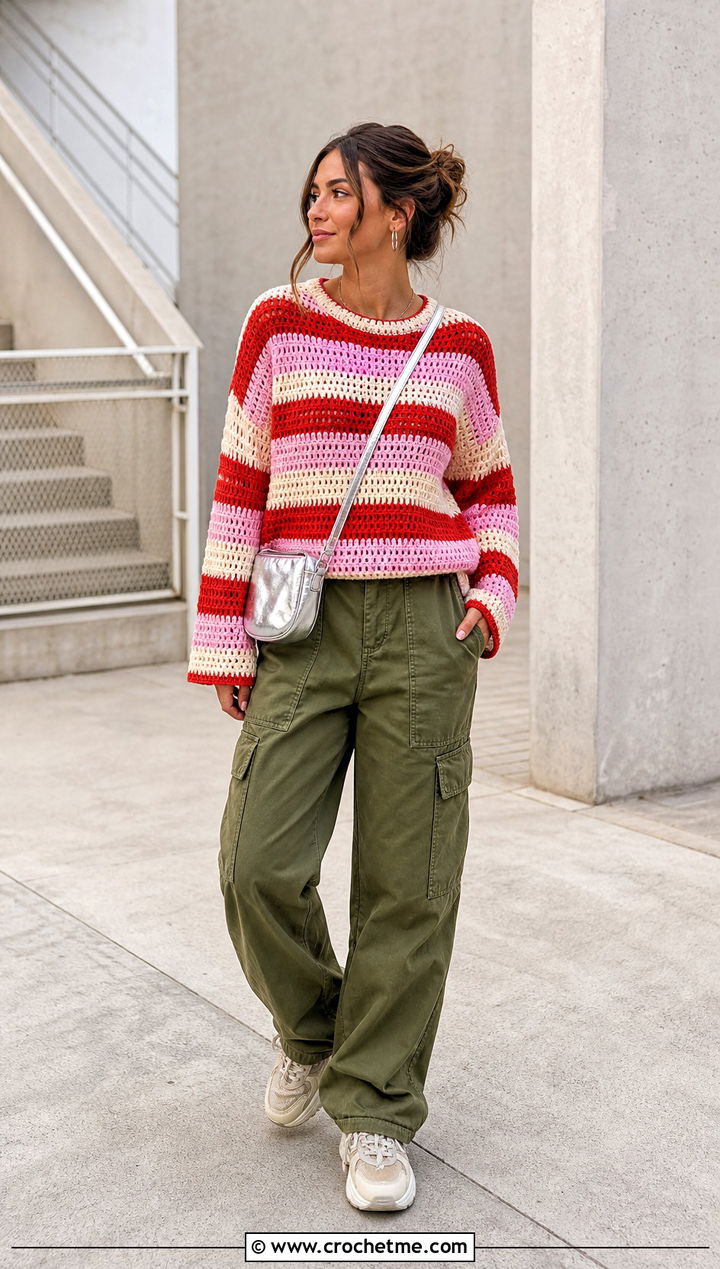 Striped Crochet Pullover With Cargo Pants - 25 women crochet pullover outfit ideas