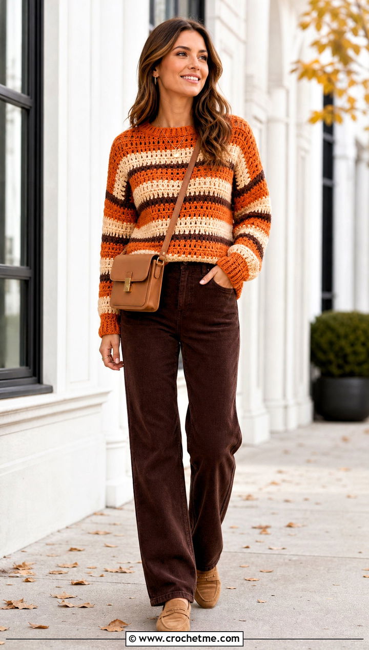 Striped Crochet Pullover With Corduroy Pants - 25 Crocheted Sweaters For Women outfit ideas