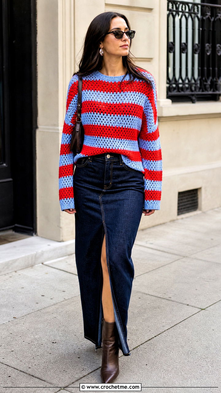 Striped Crochet Pullover With Denim Maxi Skirt - 35 crochet sweaters outfit ideas