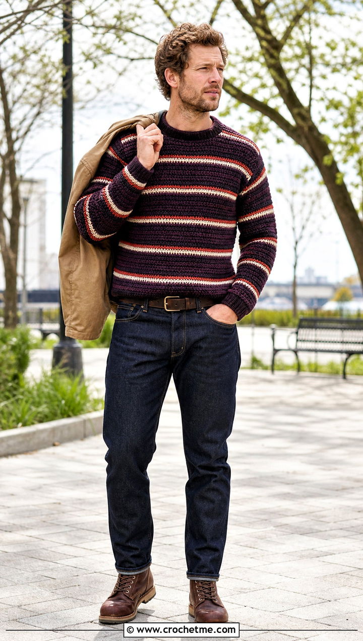 Striped Crochet Pullover With Raw Denim Jeans - 25 Crochet Guys Clothes and outfit ideas