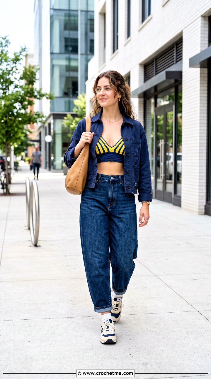 Striped Crochet Push Up Bra With Barrel Jeans - 30 crochet push up bra outfit ideas