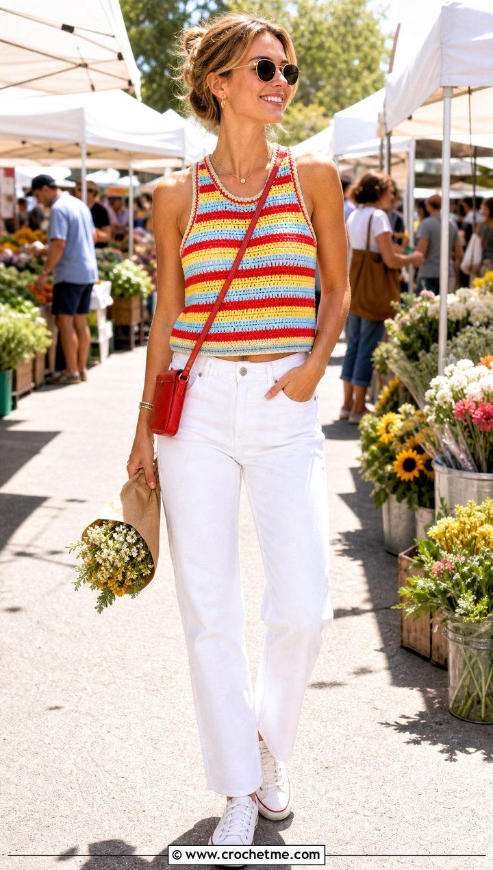 Striped Crochet Racerback Tank Top With White Jeans - 25 Crochet Racerback Tank Tops outfit ideas