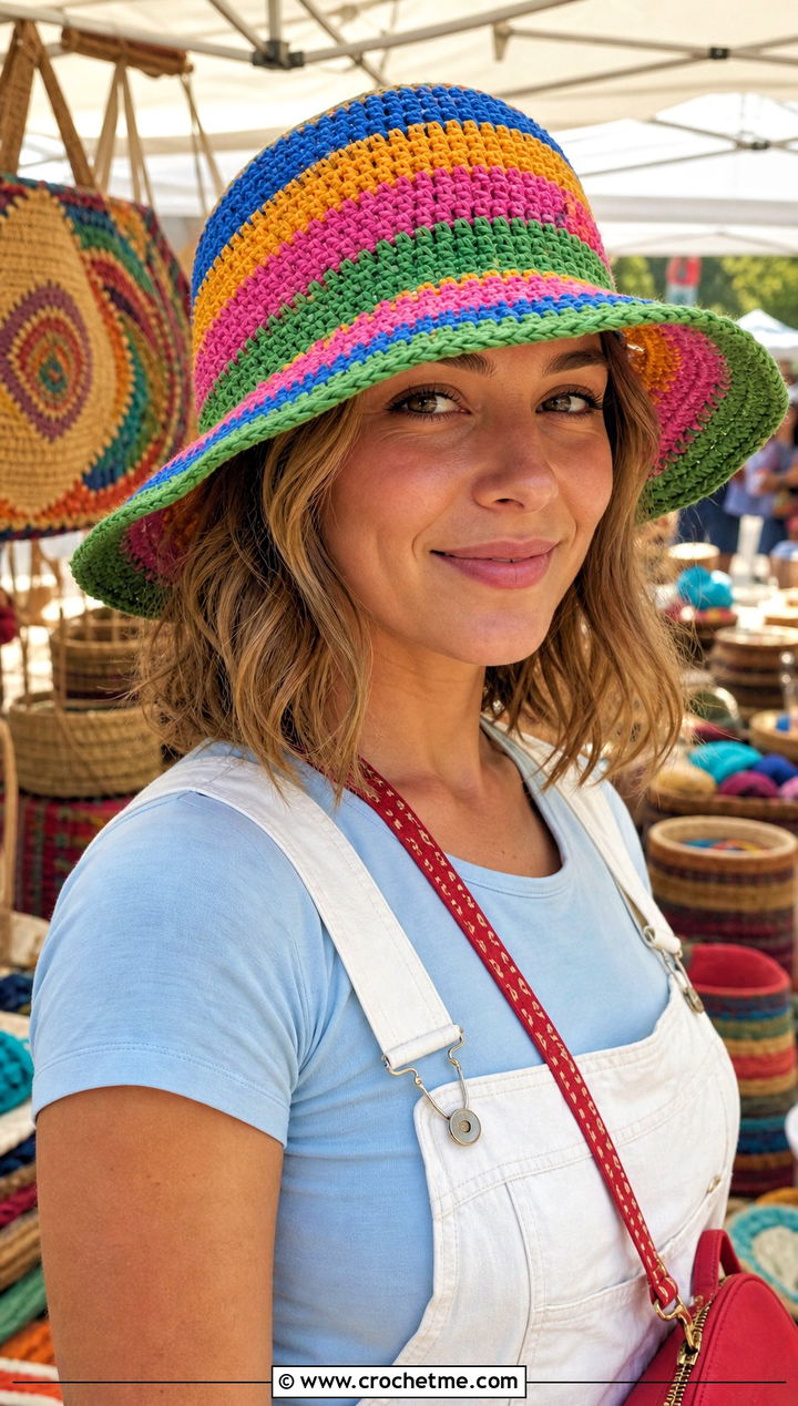 Striped Crochet Raffia Sun Hat With White Overalls - 30 Crochet Raffia Sun Hat outfit ideas