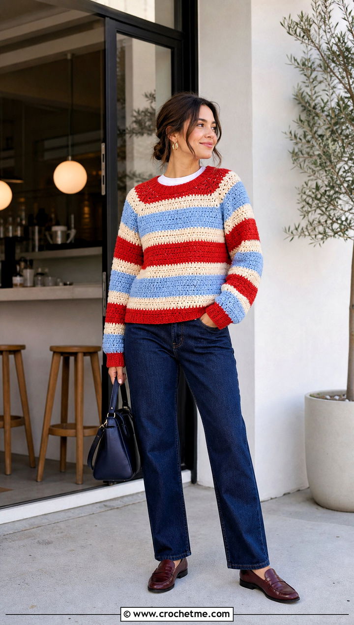 Striped Crochet Raglan Sweater With Straight Leg Jeans - 35 crochet raglan sweater outfit ideas