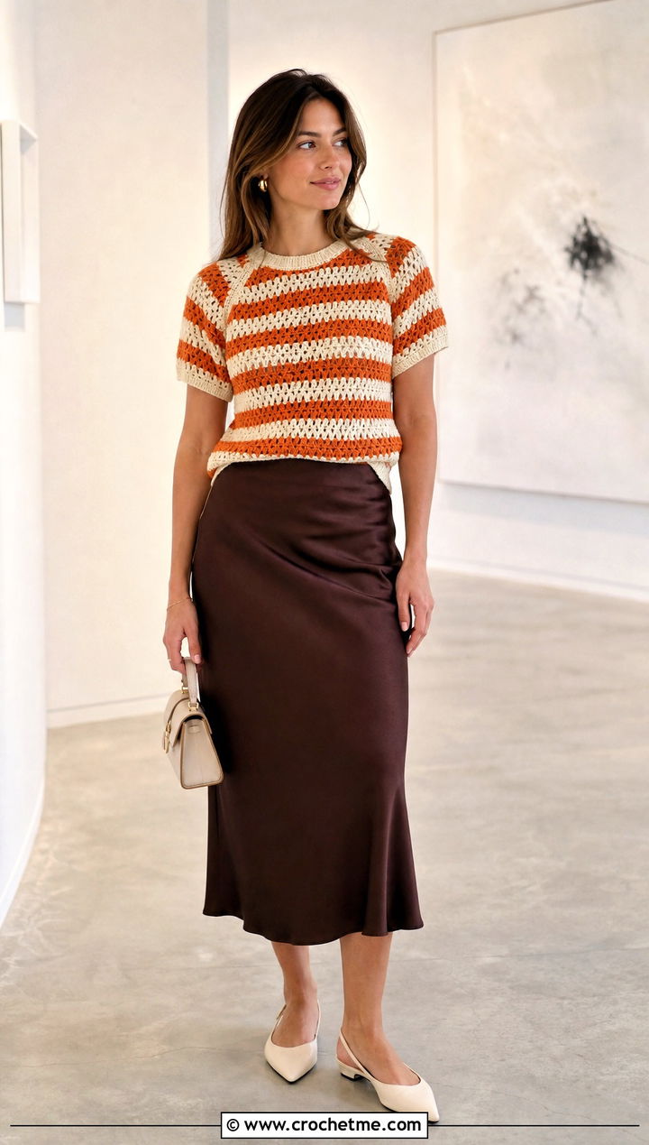 Striped Crochet Raglan Top With Satin Midi Skirt - 30 crochet raglan top outfit ideas