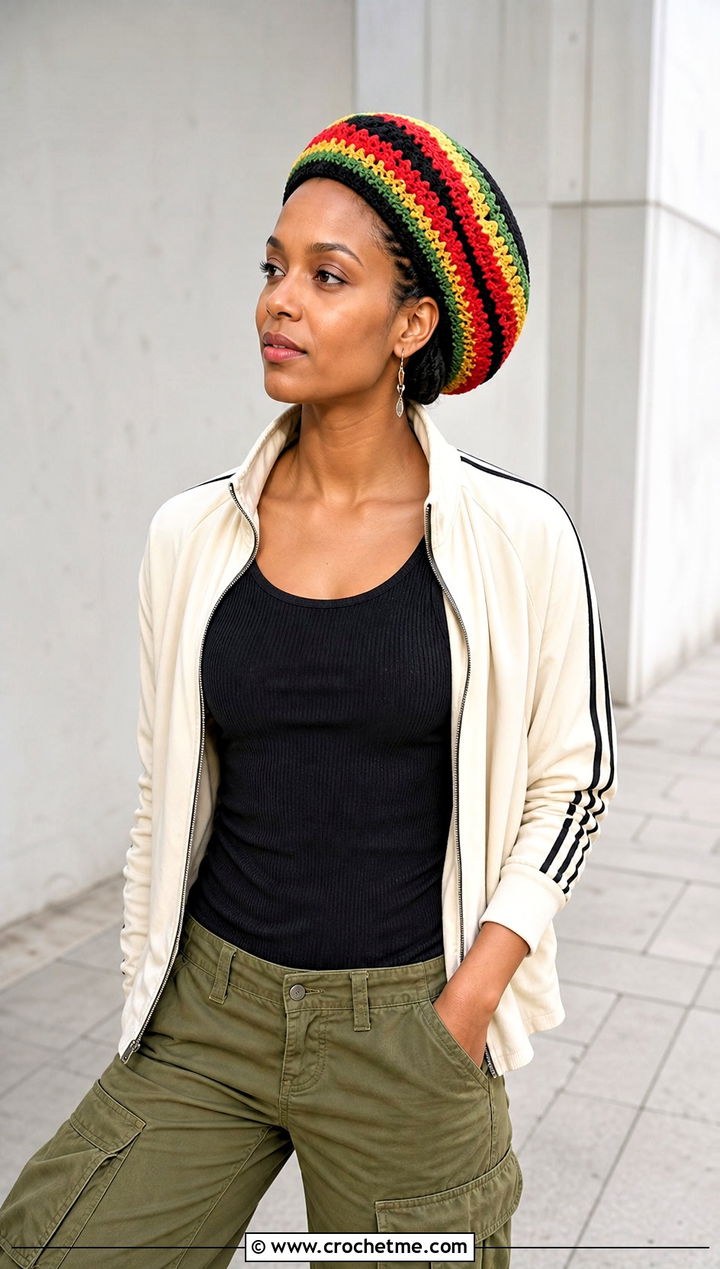 Striped Crochet Rasta Tam With Track Jacket And Cargo Pants - 20 Crochet Dread Cap outfit ideas