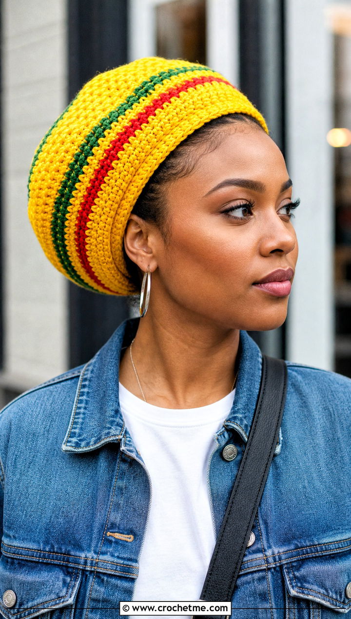 Striped Crochet Rasta Tam With White T Shirt And Wide Leg Jeans - 15 Crochet Bob Marley Hat outfit ideas
