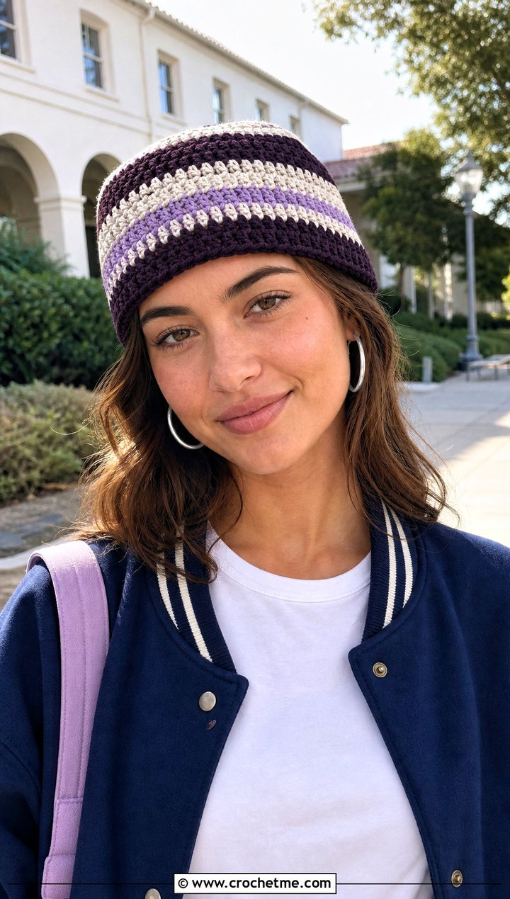 Striped Crochet Rectangle Hat With Varsity Jacket - 25 Crochet Rectangle Hat outfit ideas