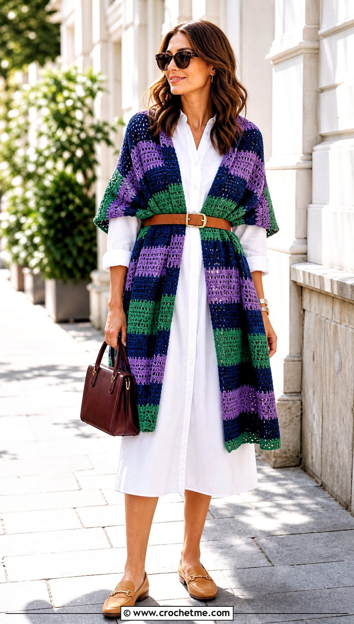 Striped Crochet Rectangle Shawl With White Shirt Dress - 35 Crochet Rectangle Shawl outfit ideas