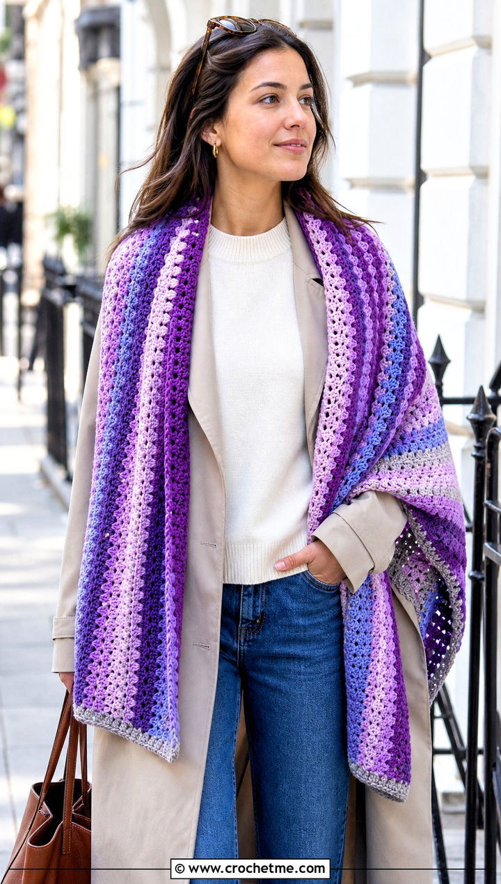 Striped Crochet Rectangular Shawl With Trench Coat - 30 crochet rectangular shawl outfit ideas