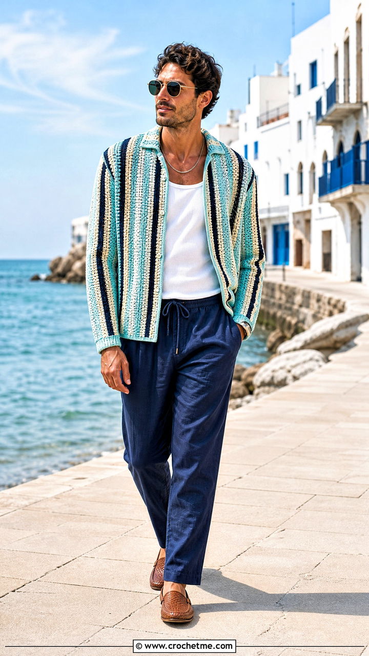 Striped Crochet Resort Jacket With Drawstring Pants - 35 crochet jacket for men outfit ideas