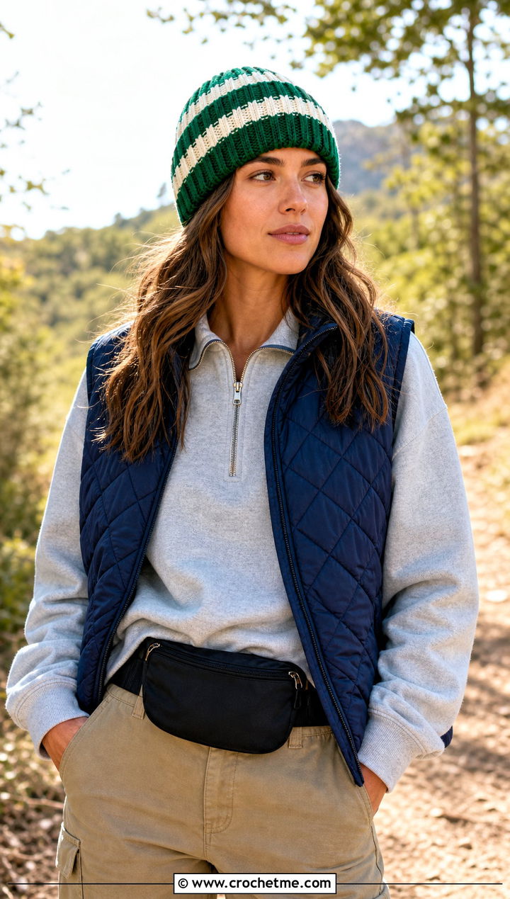 Striped Crochet Ribbed Beanie With Quilted Vest - 20 easy crochet ribbed beanie outfit ideas