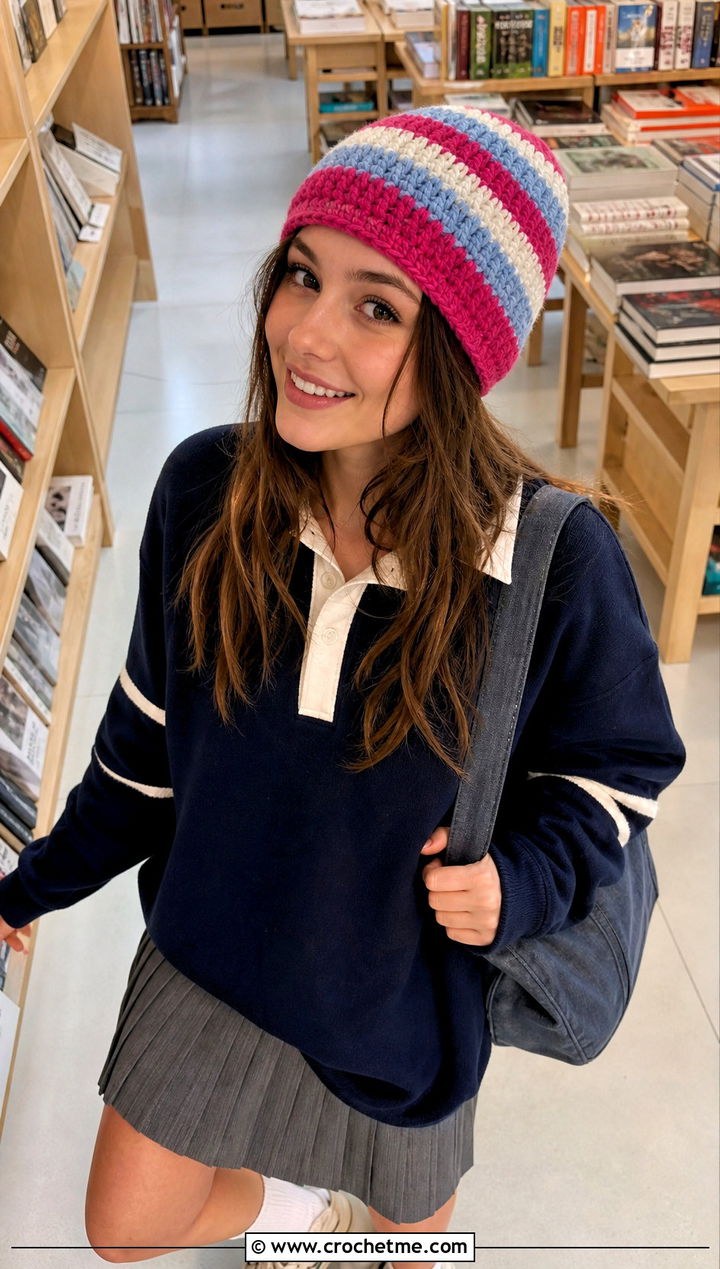 Striped Crochet Ribbed Beanie With Rugby Shirt - 20 Easy Crochet Ribbed Hat outfit ideas