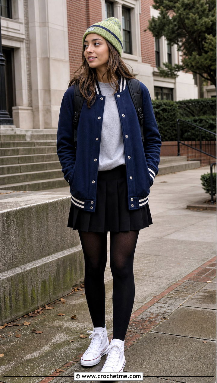 Striped Crochet Ribbed Beanie With Varsity Jacket And Pleated Skirt - 35 crochet ribbed beanie outfit ideas