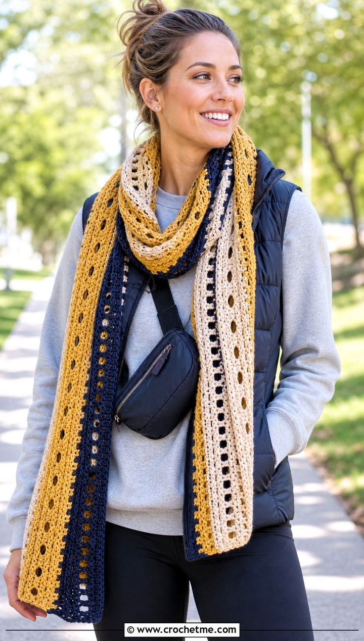 Striped Crochet Road Trip Scarf With Leggings - 15 Crochet Road Trip Scarf outfit ideas
