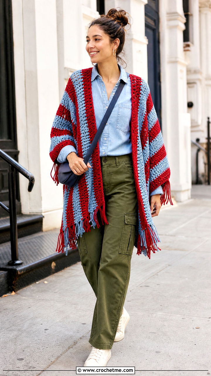 Striped Crochet Ruana With Cargo Pants - 35 crochet ruana outfit ideas