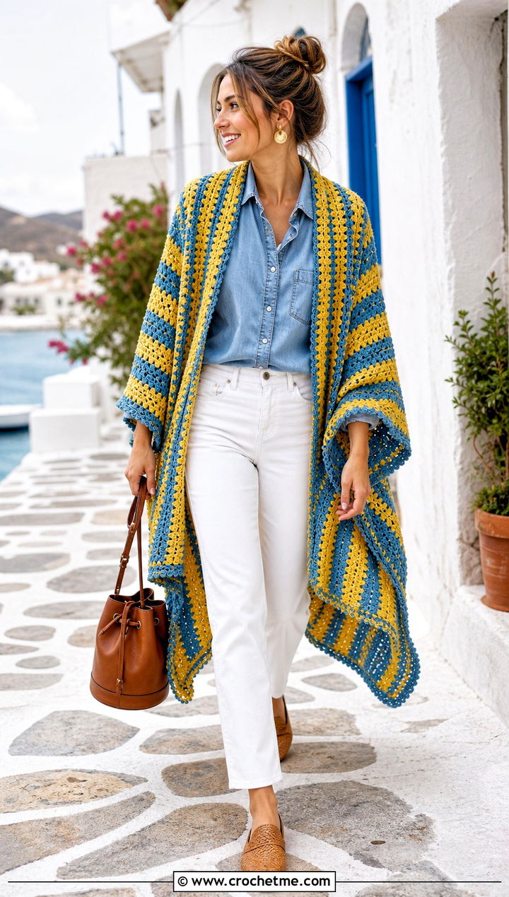 Striped Crochet Ruana With Denim Shirt And White Jeans - 15 easy crochet ruana outfit ideas