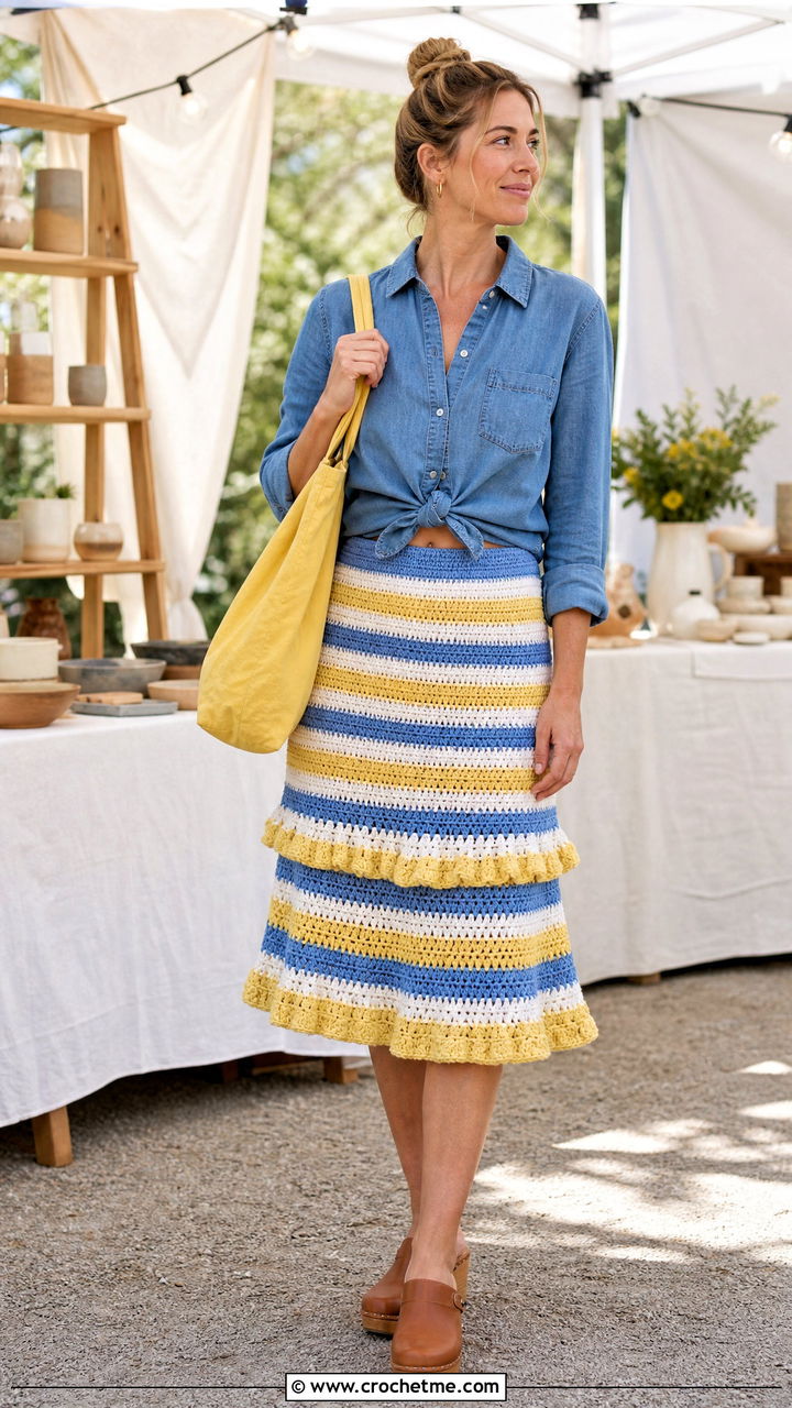 Striped Crochet Ruffle Midi Skirt With Denim Shirt - 35 crochet ruffle skirt outfit ideas
