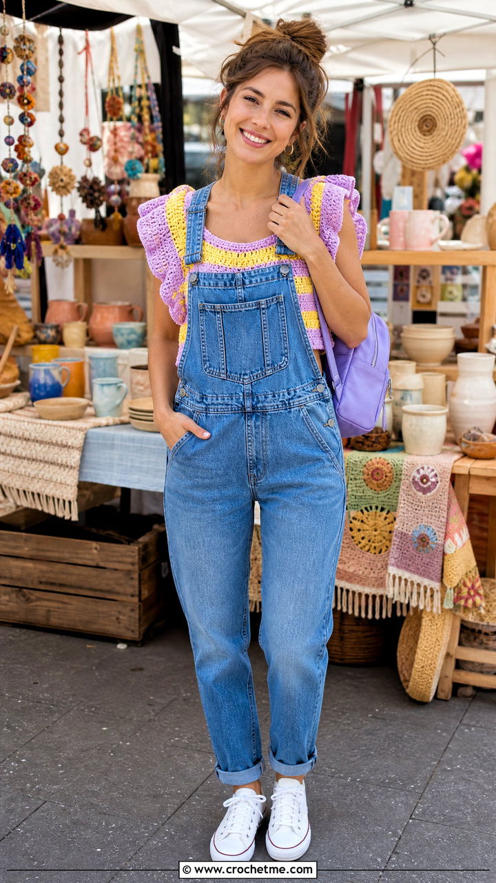 Striped Crochet Ruffle Top With Denim Overalls - 35 crochet ruffle top outfit ideas