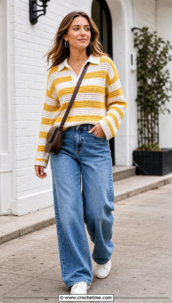 Striped Crochet Rugby Shirt With Wide Leg Jeans - 25 Crochet Rugby Shirt outfit ideas