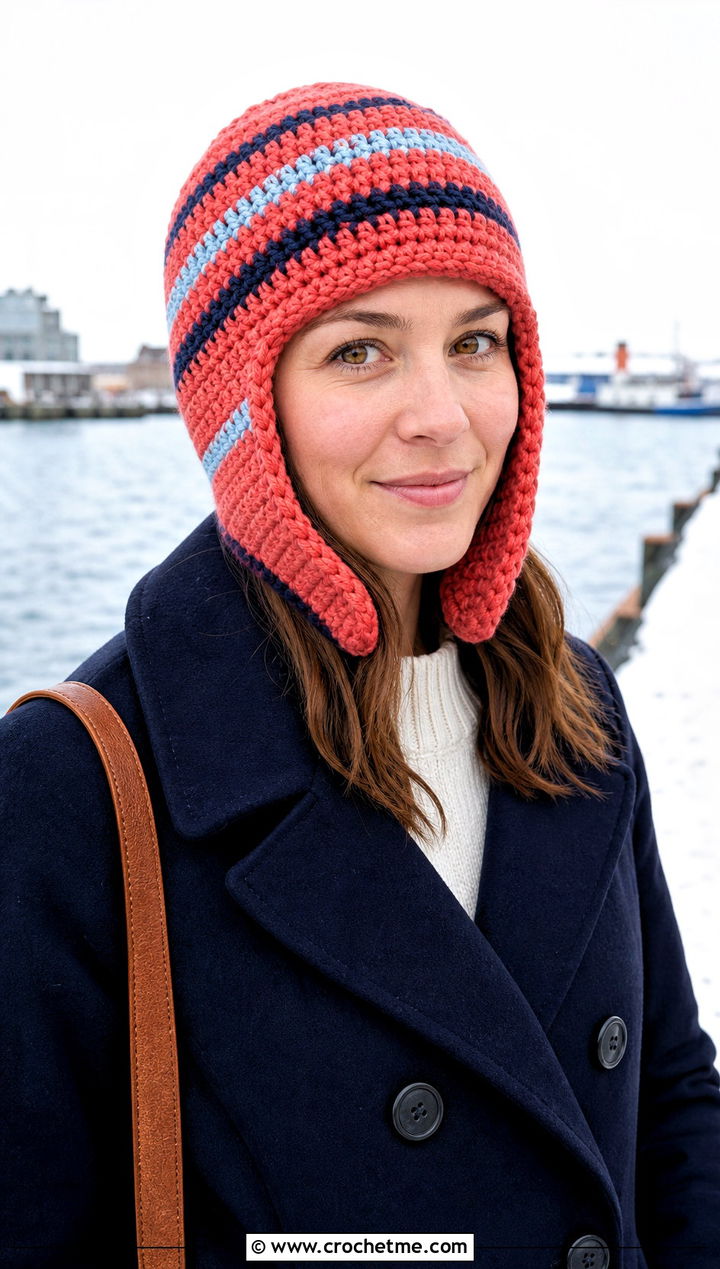 Striped Crochet Russian Hat With Peacoat - 35 crochet russian hat outfit ideas