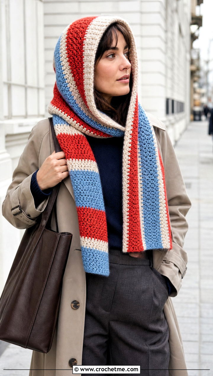 Striped Crochet Scarf Hood With Trench Coat - 30 crochet scarf hood outfit ideas