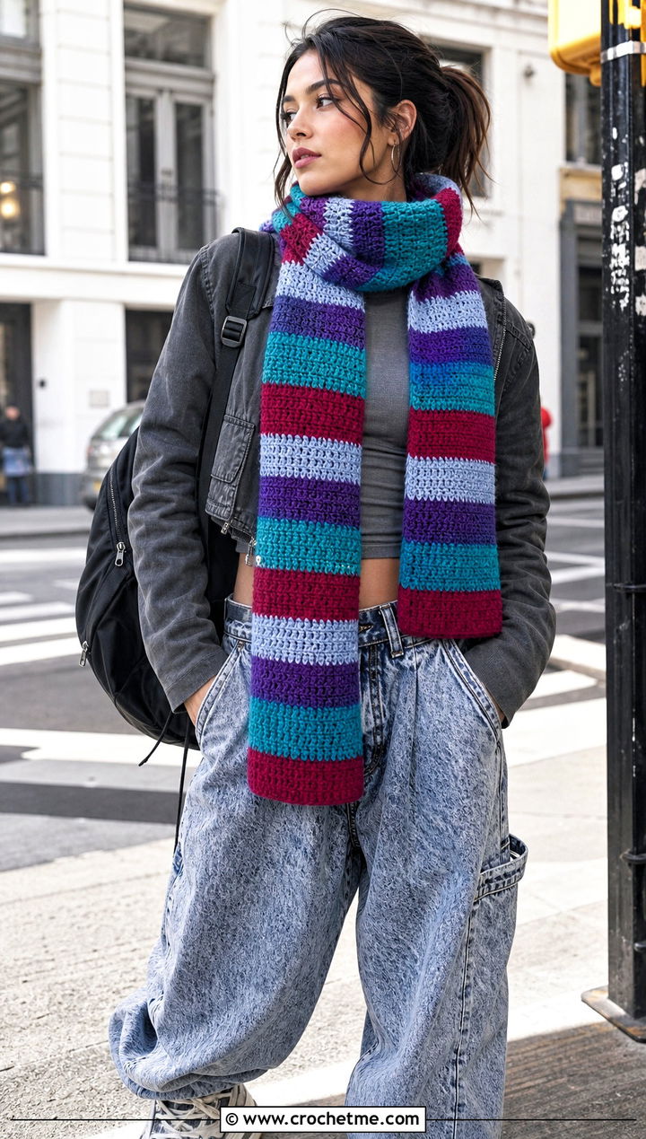 Striped Crochet Scarf With Acid Wash Baggy Jeans - 25 denim and crochet scarf outfit ideas