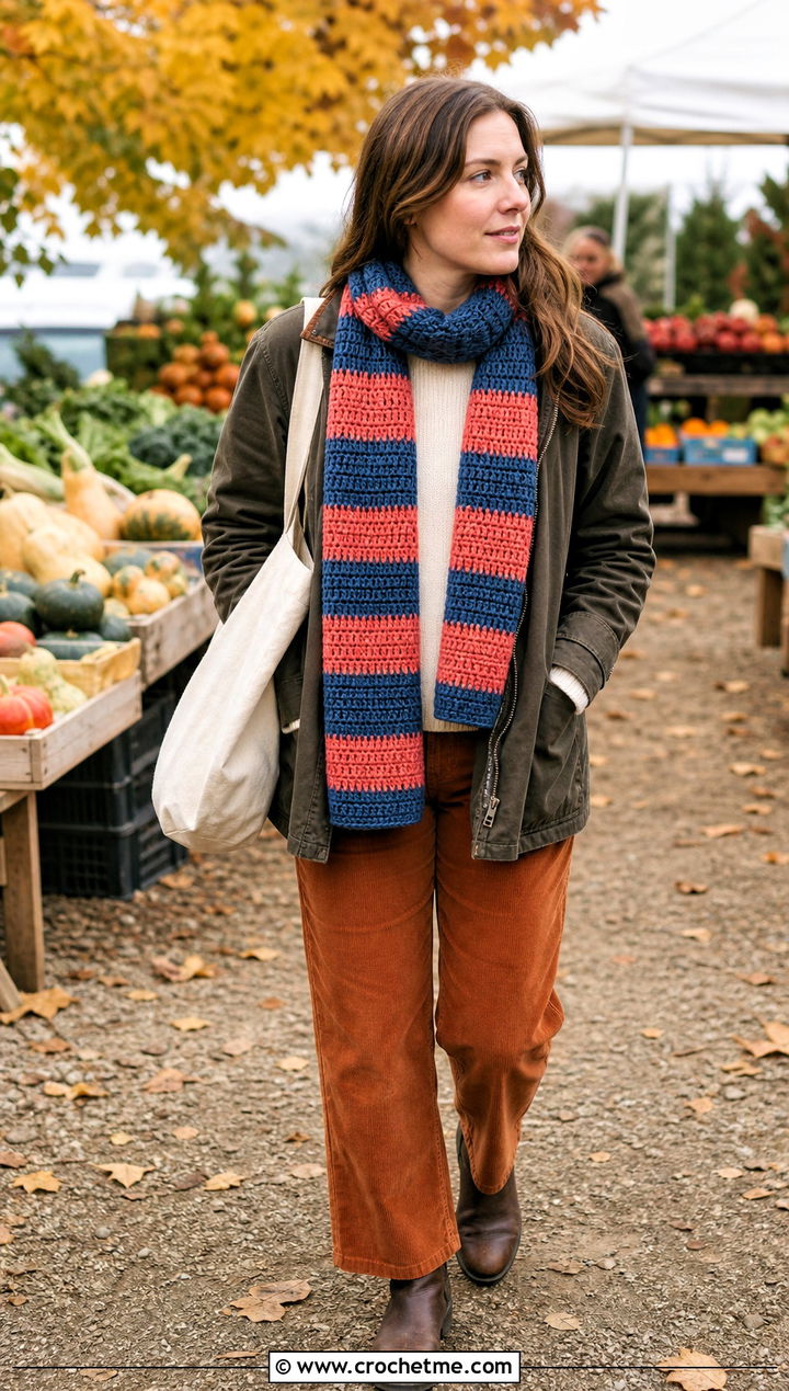 Striped Crochet Scarf With Barn Jacket - 35 fall crochet scarf outfit ideas
