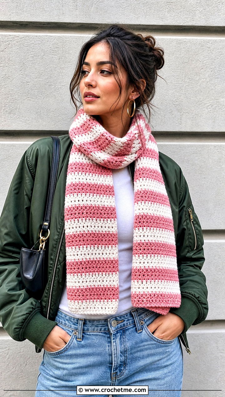 Striped Crochet Scarf With Bomber Jacket And Mini Skirt - 35 fun crochet scarf outfit ideas