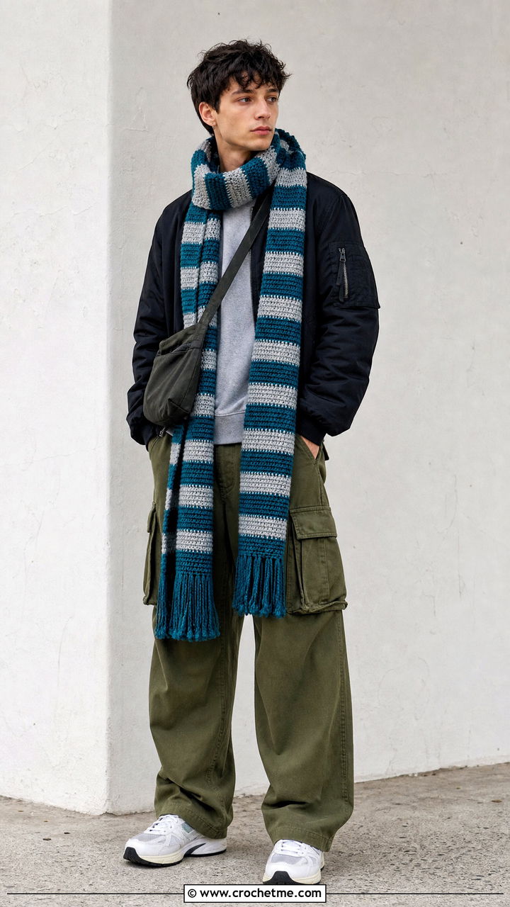 Striped Crochet Scarf With Bomber Jacket - 35 men's crochet scarf outfit ideas