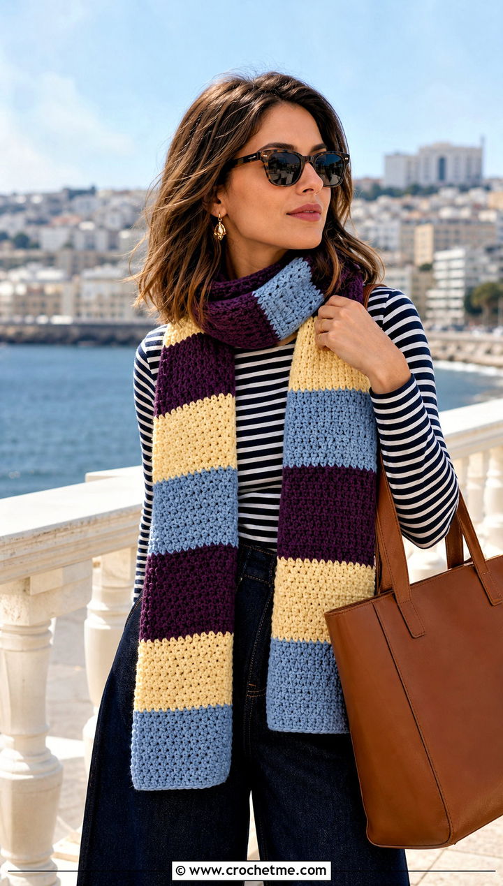 Striped Crochet Scarf With Breton Top And Wide Leg Jeans - 25 Quick And Easy Crochet Scarf outfit ideas