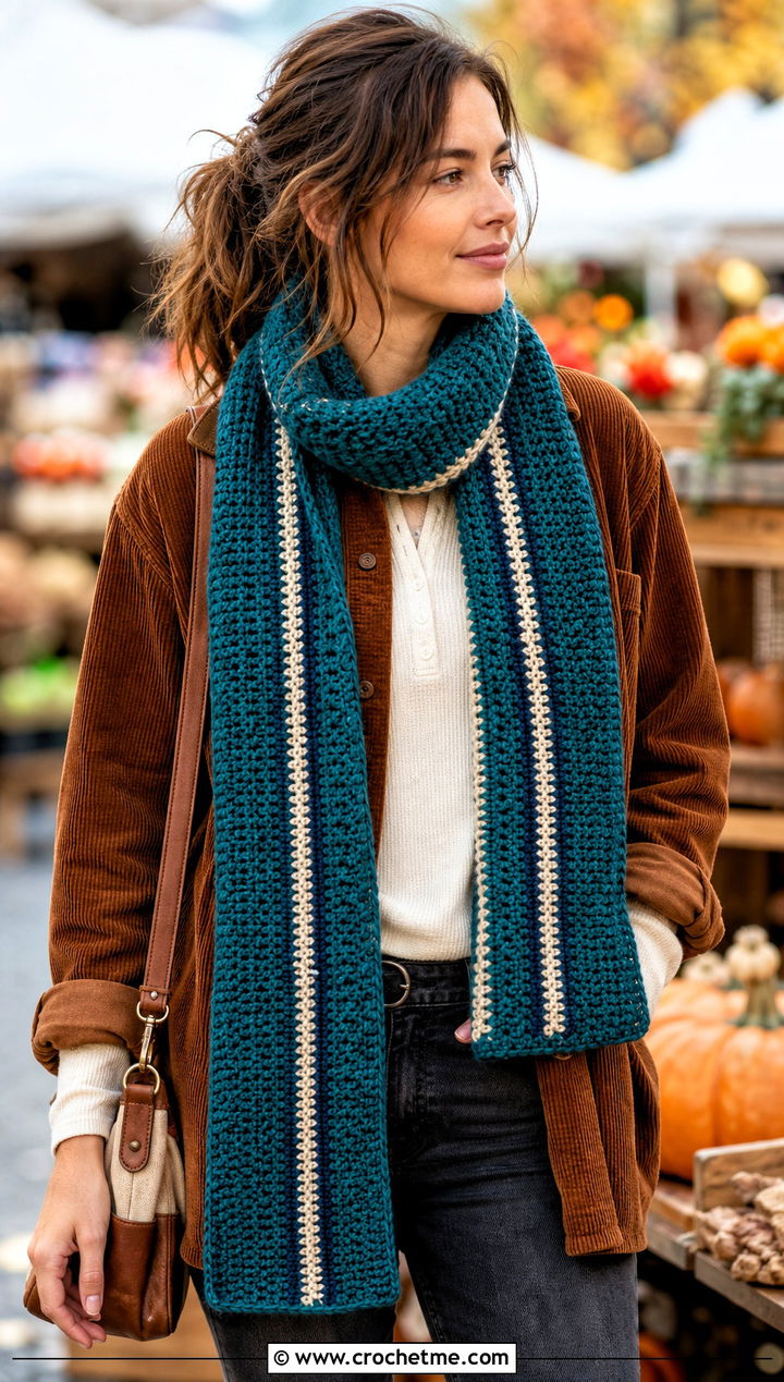 Striped Crochet Scarf With Corduroy Overshirt - 30 autumn crochet scarf outfit ideas
