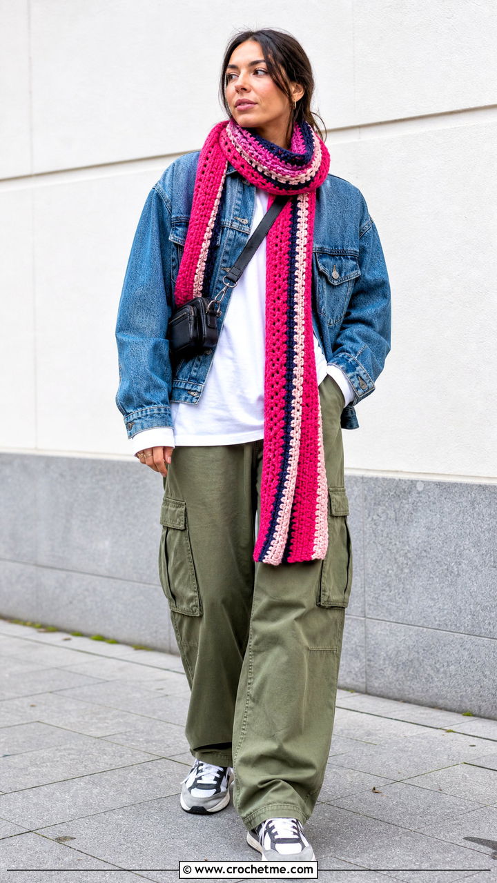 Striped Crochet Scarf With Denim Jacket And Cargo Pants - 35 simple crochet scarf outfit ideas