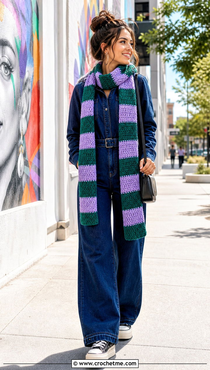 Striped Crochet Scarf With Denim Jumpsuit - 35 cute crochet scarf outfit ideas