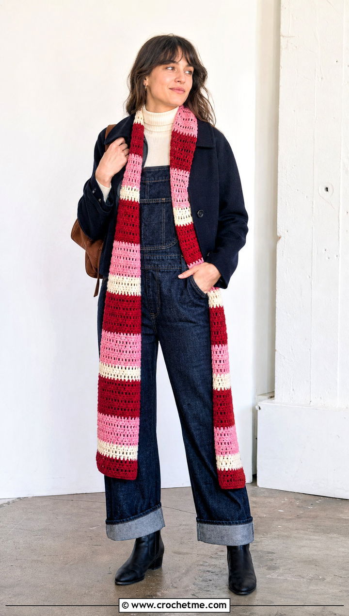 Striped Crochet Scarf With Denim Overalls - 35 Winter Crochet Scarfs For Women outfit ideas