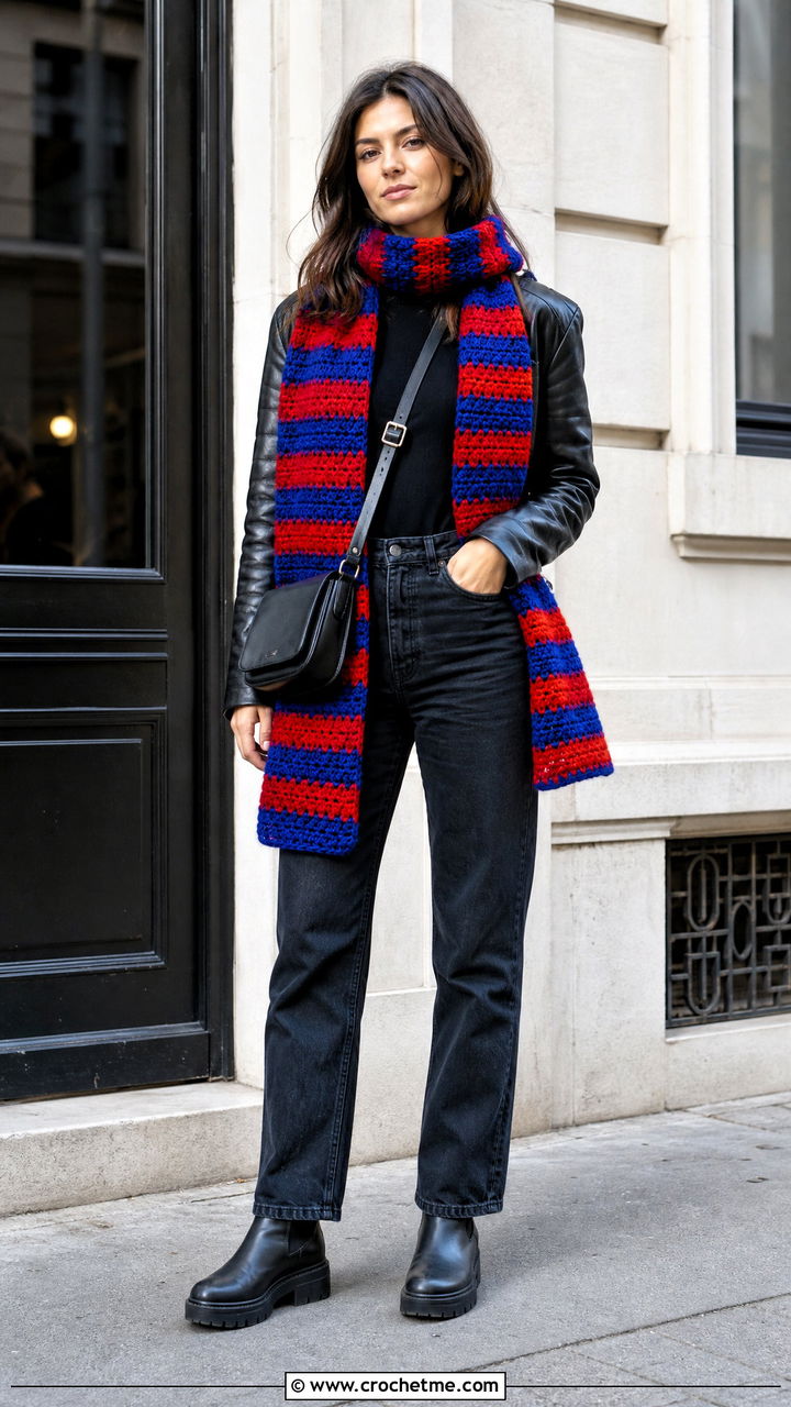 Striped Crochet Scarf With Leather Jacket - 35 easy crochet scarf outfit ideas
