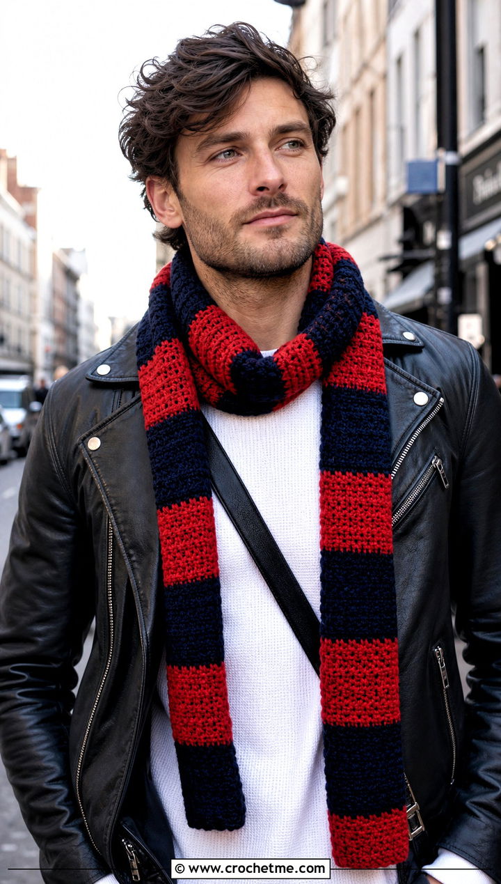 Striped Crochet Scarf With Leather Jacket - 20 men's crocheted scarf outfit ideas
