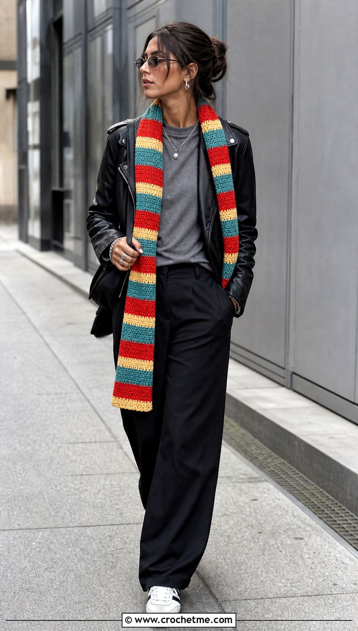 Striped Crochet Scarf With Leather Jacket - 35 crochet neck scarf outfit ideas